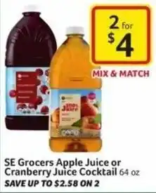 Harveys Supermarkets SE Grocers Apple Juice or Cranberry Juice Cocktail 64 oz offer