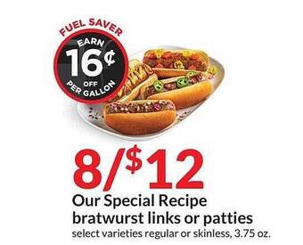 Hy-Vee Our Special Recipe Bratwurst Links Or Patties offer