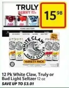 Harveys Supermarkets 12 Pk white Claw, Truly or Bud Light Seltzer 12 oz offer