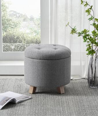 Walmart Better Homes & Gardens Round Tufted Storage Ottoman, Gray Faux Linen offer