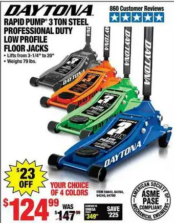 Harbor Freight Tools Rapid Pump 3 Ton Steel Professional Duty Low Profile Floor Jacks offer