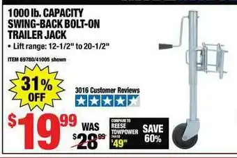 Harbor Freight Tools 1000 Lb. Capacity Swing-back Bolt-on Trailer Jack offer