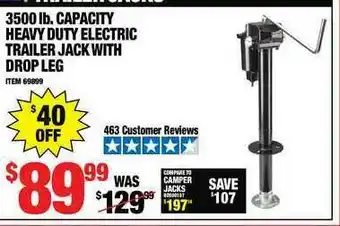 Harbor Freight Tools 3500 Lb.capacity Heavy Duty Electric Trailer Jack With Drop Leg offer