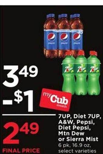 Cub Foods 7UP, Diet 7Up, A&W, Pepsi, Diet Pepsi, Mtn Dew Or Sierra Mist offer