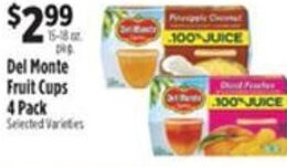 Pioneer Supermarkets Del Monte Fruit Cups 4 Pack 15-18 oz. offer