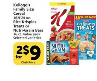 Pavilions Kellogg's Family Size Cereal , Rice Krispies Treats Or Nutri-grain Bars offer