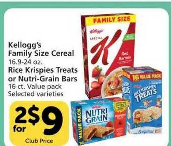 Vons Kellogg's Family Size Cereal , Rice Krispies Treats Or Nutri-grain Bars offer