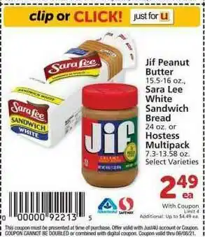 Albertsons Jif Peanut Butter , Sara Lee White Sandwich Bread Or Hostess Multipack offer