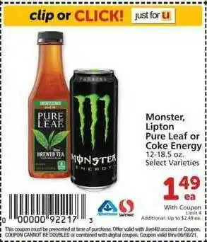Albertsons Monster, Lipton Pure Leaf Or Coke Energy offer