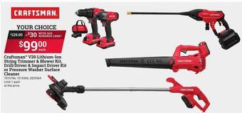 Ace Hardware Craftsman V20 Lithium-ion String Trimmer & Blower Kit Drill Driver & Impact Driver Kit Or Pressure Washer Surface Cleaner offer
