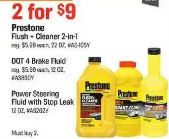 AutoZone Prestone Flush+Cleaner 2-in-1 , DOT 4 Brake Fluid , Power Steering Fluid With Stop Leak offer