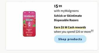 Walgreens Schick Or Skintimate Disposable Razors offer