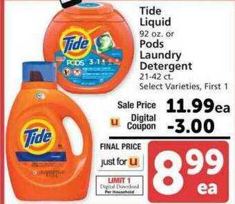 Albertsons Tide Liquid Or Pods Laundry Detergent offer