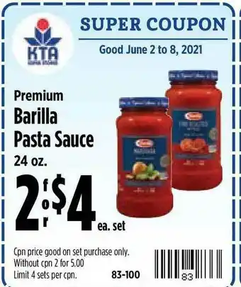 KTA Super Stores Premium Barilla Pasta Sauce offer