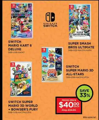 Switch Mario Kart 8 Deluxe, Super Smash Bros Ultimate, Switch Super Mario 3d All-stars, Switch Super Mario 3d World + Bowser'
