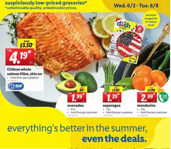 Lidl Chilean Whole Salmon Fillet, Skin On , Avocados , Asparagus , Mandarins offer