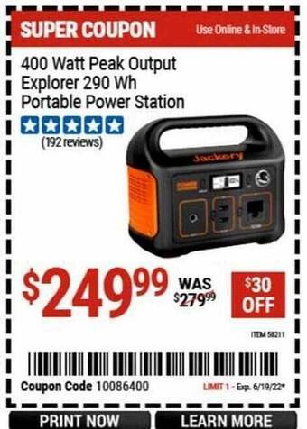 Harbor Freight Tools Jackery 400 Watt Peak Output Explorer 290 Wh Portable Power Station offer