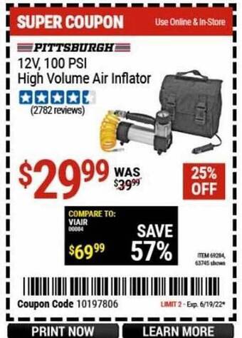 Harbor Freight Tools Pittsburgh 12v, 100 Psi High Volume Air Inflator offer