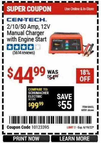 Harbor Freight Tools Cen-tech 2-10-50 Amp, 12v Manual Charger With Engine Start offer