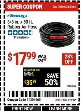 Harbor Freight Tools Merlin 3-8 In. X 50 Ft. Rubber Air Hose offer
