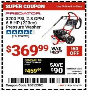 Harbor Freight Tools Predator 3200 Psi, 2.8 Gpm 6.8 Hp (223cc) Pressure Washer offer