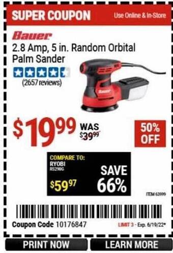 Harbor Freight Tools Bauer 2.8 Amp, 5 In. Random Orbital Palm Sander offer