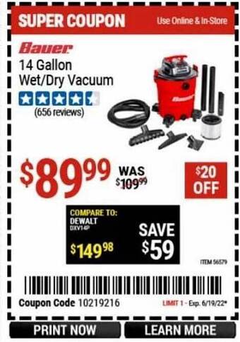 Harbor Freight Tools Bauer 14 Gallon Wet Or Dry Vacuum offer