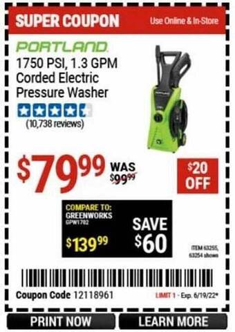 Harbor Freight Tools Portland 1750 Psi, 1.3 Gpm Corded Electric Pressure Washer offer