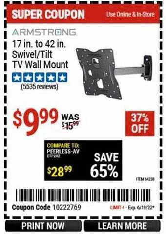 Harbor Freight Tools Armstrong 17 In. To 42 In. Swivel Or Tilt Tv Wall Mount offer