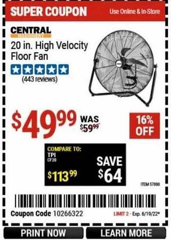 Harbor Freight Tools Central 20 In. High Velocity Floor Fan offer