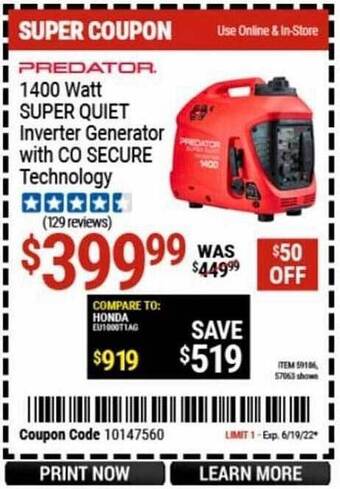 Harbor Freight Tools Predator 1400 Watt Super Quiet Inverter Generator With Co Secure Technology offer