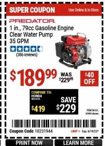 Harbor Freight Tools Predator 1 In., 79cc Gasoline Engine Clear Water Pump 35 Gpm offer