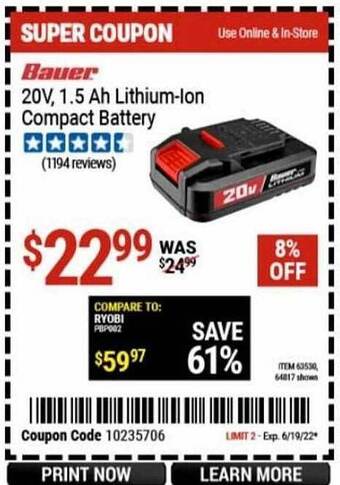 Harbor Freight Tools Bauer 20v, 1.5 Ah Lithium-ion Compact Battery offer