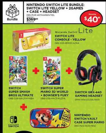 Switch Lite Console - Yellow + Switch Super Smash Bros Ultimate + Switch Super Mario 3D World + Bowser's Fury + Switch GRX-44