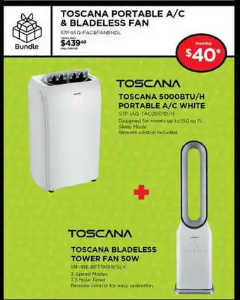 Curacao Toscana 5000btu-H Portable A-c White , Toscana Bladeless Tower Fan 50w offer