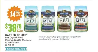 Natural Grocers Garden Of Life Raw Organic Meal Original , Vanilla , Chocolate Or Vanilla Chai offer