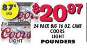 Miners County Market 24 Pack Big 16 oz. Cans Coors Light Pounders offer