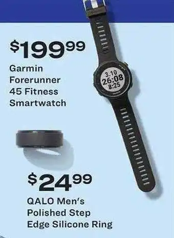 Academy Garmin Forerunner 45 Fitness Smartwatch, Qalo Men's Polished Step Edge Silicone Ring offer