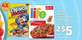 Safeway Quaker Life Or Cap'n Crunch Cereal offer