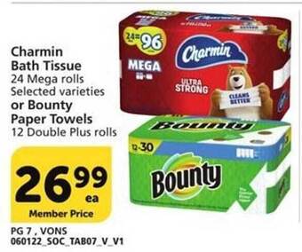 Vons Charmin Bath Tissue Or Bounty Paper Towels offer