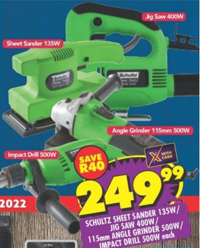 Schultz Sheet Sander 135W / Jig Saw 400W / 115mm Angle Grinder 500W