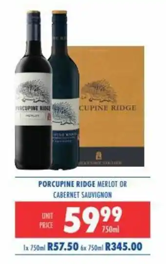 Porcupine Ridge Merlot or Cabernet Sauvignon 750ml