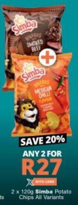 Checkers Simba Potato Chips all variants 2 x 120g offer