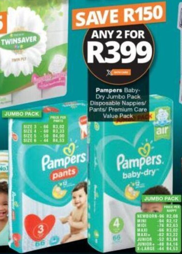 Pampers Baby Dry Jumbo Pack Disposable Nappies / Pants / Premium Care