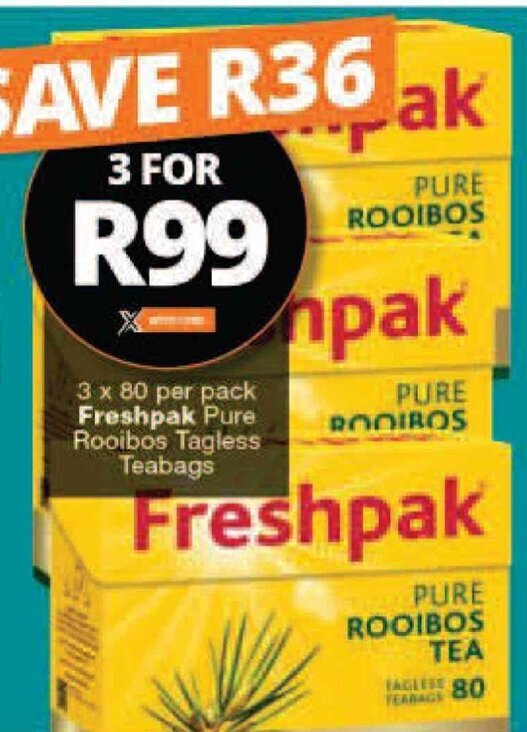 Freshpak Pure Rooibos Tagless Teabags 3 x 80 per pack offer at Checkers