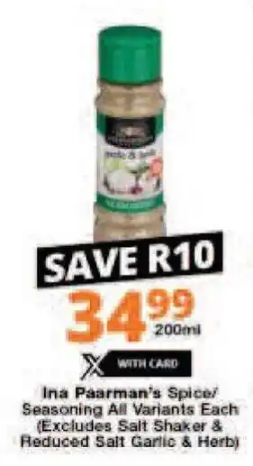 Checkers Ina Paarman's Spice / Seasoning All Variants each 200 ml offer