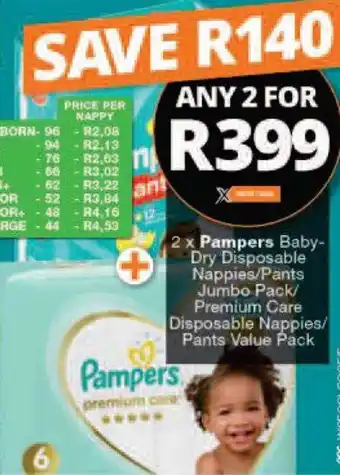 Checkers Pampers Baby- Dry Disposable Nappies / Pants Jumbo pack / Premium Care Disposable Nappies / Pants Value Pack offer
