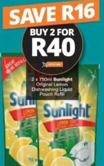 Checkers Sunlight original Lemon Dishwashing Liquid Pouch Refill 2 x 750ml offer
