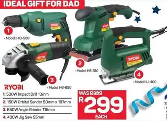 Pick n Pay Hypermarket Ryobi Impact Drill 10mm 500W, Orbital Sander 90mmx187mm 150W, Angle Grinder 115mm 650W, Jig Saw 55mm 400W offer