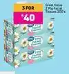 Great Value 2 Ply Facial Tissues-For 3 x 200's